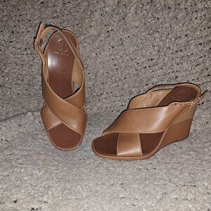 TORY BURCH-Gabrielle-Brown Leather-CrissCross Strap Wedge Sandals-Sz 7-Excellent